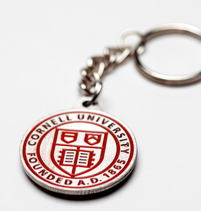 Silver keychain with red insignia