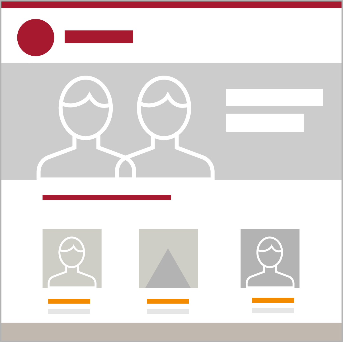 webpage design preview shows a thin red header followed by a red circle and red block for text adjusted left, followed by a light gray wide hero with cartoon drawing of two faces and two white blocks for header text, followed by a thin red line, then cartoon images of faces and a mountain in three columns, each with their own orange block and gray block of subheading text, followed by a gray footer.| Cornell